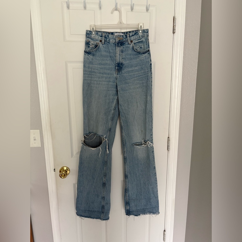Zara Light Blue High Waist Ripped Wide Leg Flare Jeans